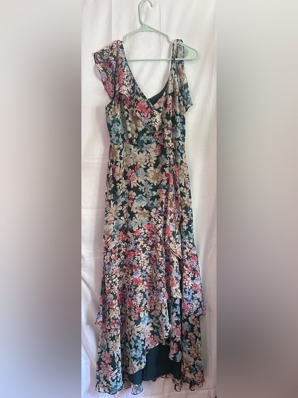 Lulu's Floral V-Neck Ruffled Maxi Dress in Black, Pink, Green